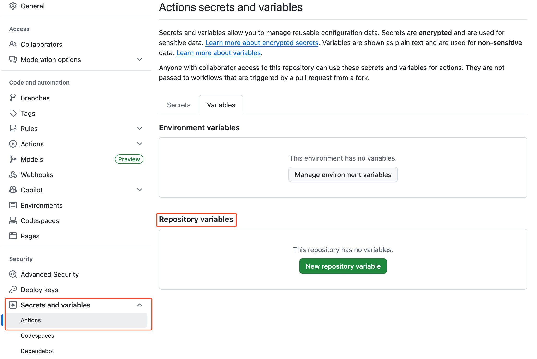 github repo variables